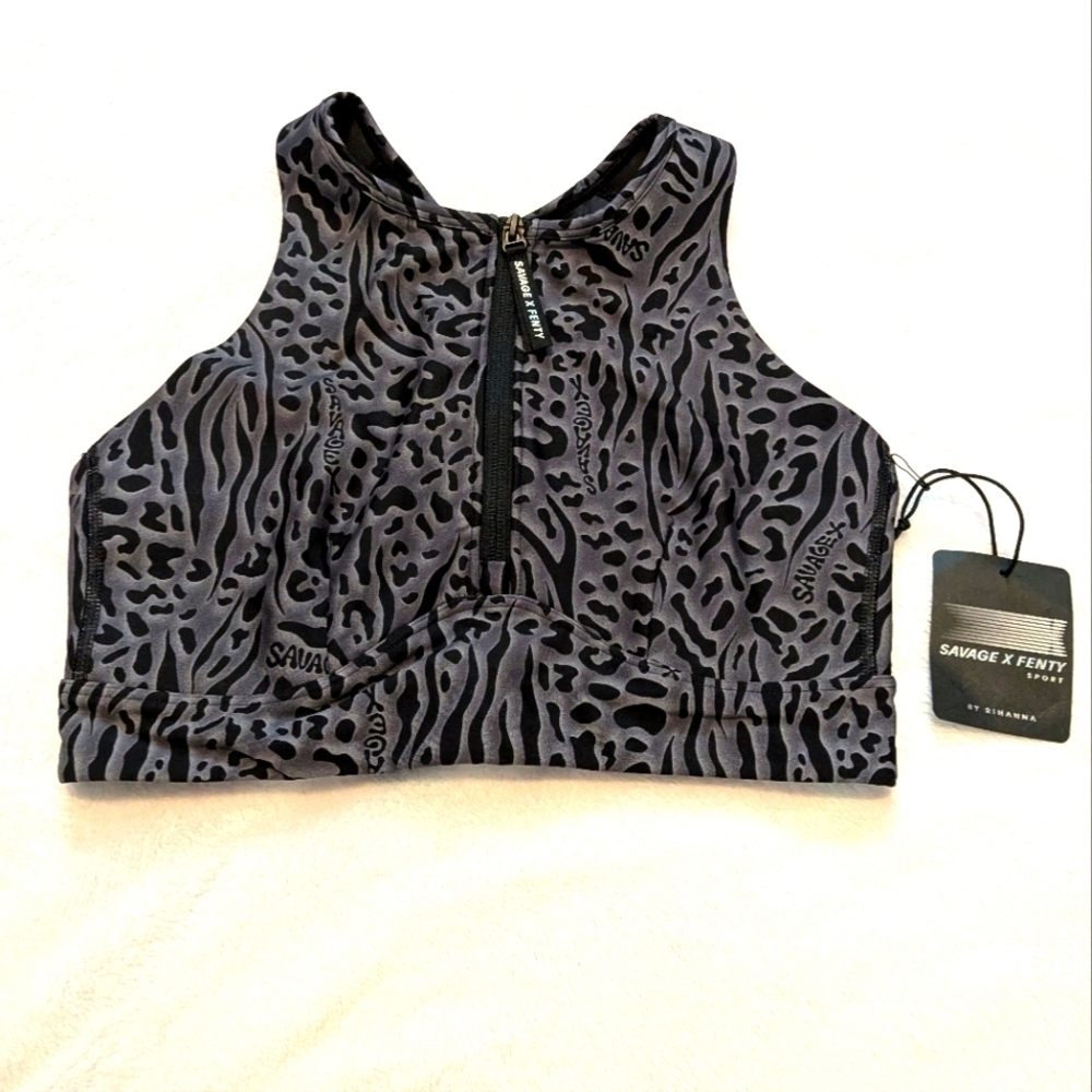 Savage X Fenty Gray Animal Print Half-zip Women's Sports Bra Size M (8/10)